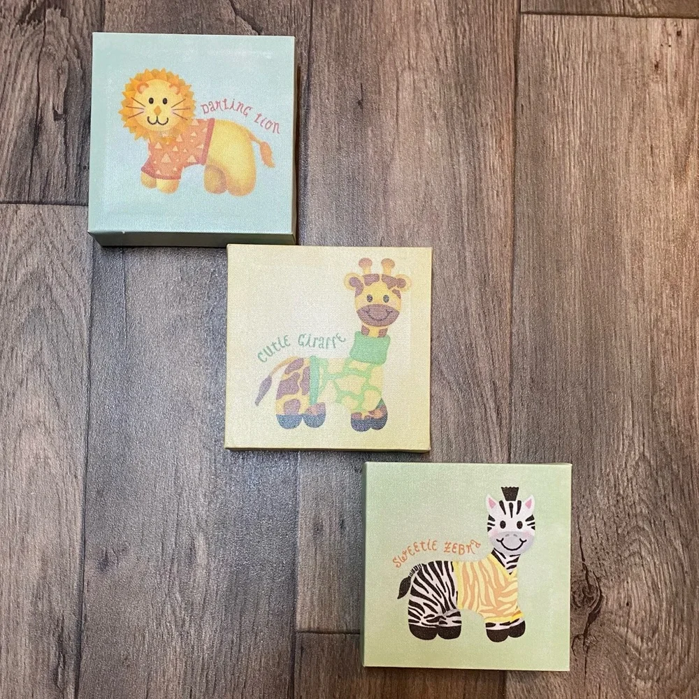 Nursery Safari Animal Canvas Wall Art Set | Baby Room Decor | Lion Giraffe Zebra